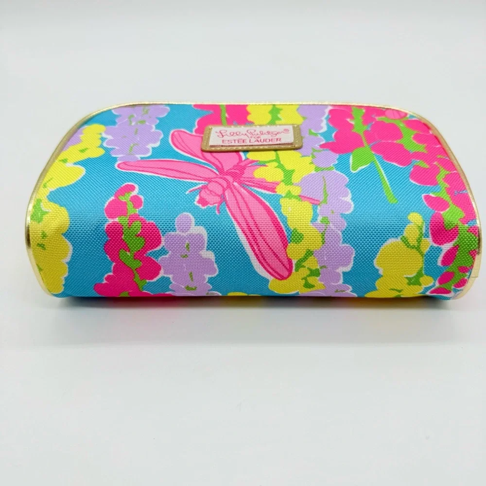 Lilly Pulitzer x Estee Lauder Blue Pink Cosmetic Makeup Bag 2 Travel Containers
